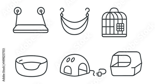 Line style icons of pet accessories: cat window perch, small animal hammock, bird travel cage, reptile heat pad, rabbit cuddle cup, hamster dome, gerbil wheel stand, chinchilla dust box.