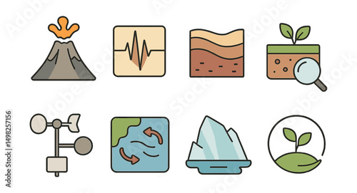Outline with Fill vector icons of earth sciences: volcano, earthquake wave, rock layers, soil analysis, weather station, ocean current map, glacier, eco balance.