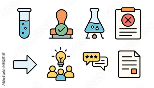 Outline with Fill vector icons of scientific progress: test phase, approval stamp, ongoing experiment, failed test icon, next step arrow, team brainstorm, peer review, final report.