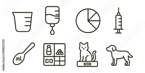 Line style icons of veterinary pharmacy: dosage measuring cup, drop counter, medicine divider chart, small-dose syringe, spoon with mL label, food-mix dosing chart, animal weight dosage calculator,