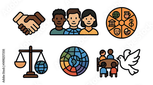 Outline with Fill icon set for cultural diversity: handshake icon, diverse faces, global community, culture wheel, equality scale, rainbow circle, shared table, peace dove.