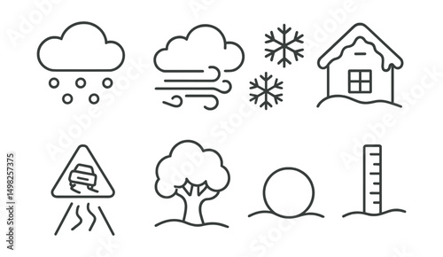 Line style icons of snowy weather: snowfall, snowstorm, snowflakes icon, snow on roof, icy road, snow-covered tree, snowball symbol, snow depth marker.