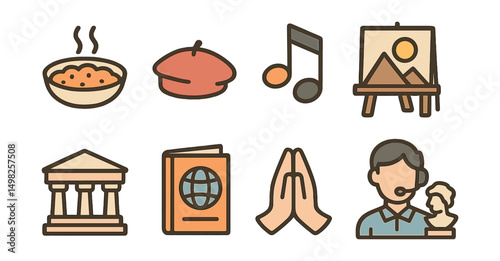 Outline with Fill vector icons of cultural travel: local dish, traditional hat, folk music note, art market, heritage site, culture book, greeting gesture, guided museum.