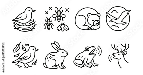 Line style icons of seasonal animals: spring bird nesting, summer insect swarm, autumn hibernation symbol, winter migration badge, seasonal molting icon, animal coat change, frog croaking season,