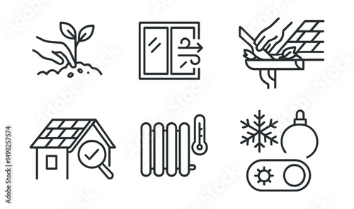 Line style icons of seasonal home care: garden planting icon, summer ventilation badge, autumn gutter cleaning, winter insulation symbol, seasonal roof check, heating system test, seasonal decor icon