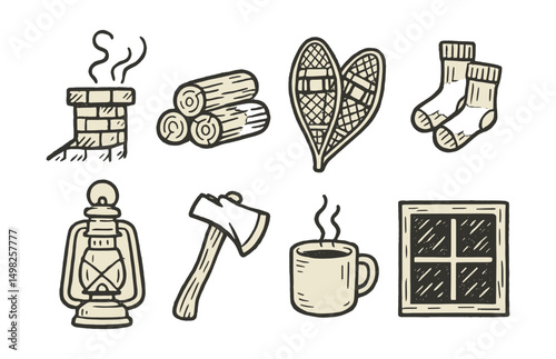 Hand-drawn vector icons of mountain cabin life: chimney, log pile, snowshoes, wool socks, lantern, axe, mug with steam, cabin window.