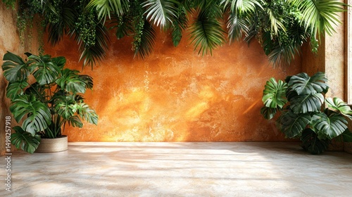 Sunlit room with orange wall and lush tropical plants