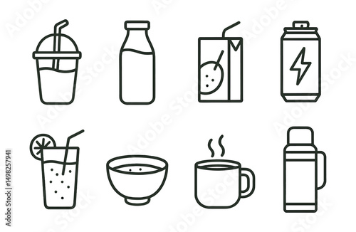 Line style icons of drinks: smoothie cup, milk bottle, juice box, energy drink can, lemonade glass, matcha bowl, hot cocoa mug, thermos bottle.