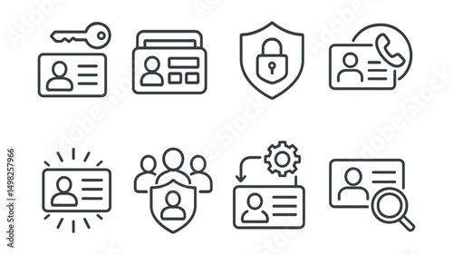 Line style icons of digital identity: identity backup key, seed phrase for ID wallet, encrypted identity recovery, backup contact method, emergency identity restoration, trusted guardian system,
