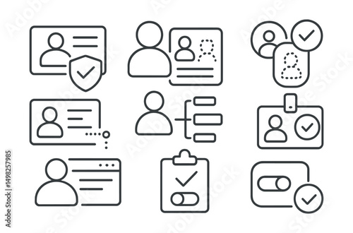 Line style icons of digital identity: privacy-preserving KYC, zero-knowledge proof ID, anonymized ID token, partial disclosure credential, selective attribute sharing, permissioned access badge, user