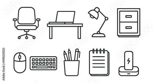 Line style icons of home office: office chair, laptop on desk, desk lamp, file cabinet, mouse and keyboard, pen holder, notepad, charging dock.