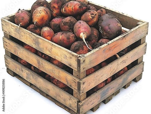 A Rustic Crate of Freshly Dug Root Vegetables with Visible Dirt