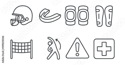 Line style icons of sports safety: helmet, mouthguard, knee pads, shin guards, safety net icon, warm-up routine, injury alert symbol, first aid icon.