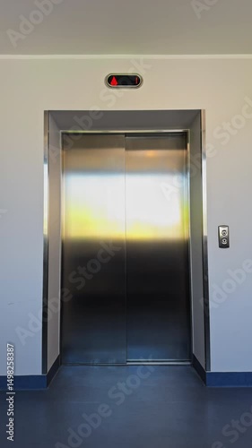 Wallpaper Mural Contemporary Modern Elevator Entrance Featuring Reflective Metal Doors and a Bright, Illuminated Status Indicator Torontodigital.ca
