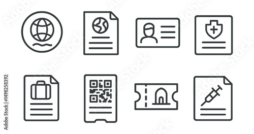Line style icons of travel documents: passport stamp, visa paper, ID card, travel insurance form, customs declaration, boarding QR code, entry ticket, vaccine card.