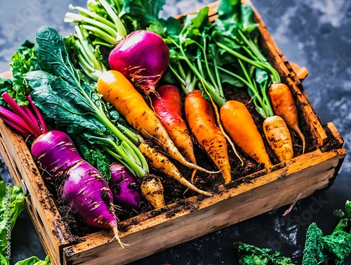 The Earthy Textures of Mixed Root Vegetables in an Old Wooden Crate