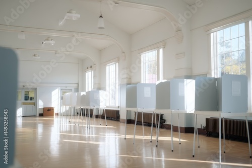 Clean and organized voting station in civic architecture, featuring daylight filtering through large windows