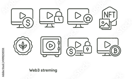 Line style icons of Web3 streaming: token-based subscription model, time-locked content access, unlockable bonus clip, NFT-based content bundle, seasonal access pass token, subscriber content vault,