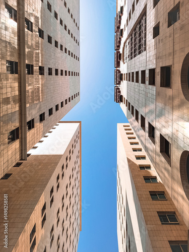 Low-angle view of modern high-rise buildings with reflective facades creating a symmetrical corridor against a clear blue sky, symbolizing urban growth and architectural harmony.