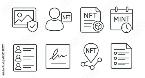 Line style icons of NFT galleries: verified artwork badge, creator profile link, authenticity certificate token, mint date tracker, ownership history panel, NFT signature icon, provenance path badge,