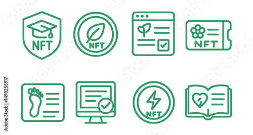 Line style icons of NFT education: green education badge, sustainability course token, climate literacy module, eco-knowledge NFT pass, carbon footprint lesson card, environmental quiz result, clean