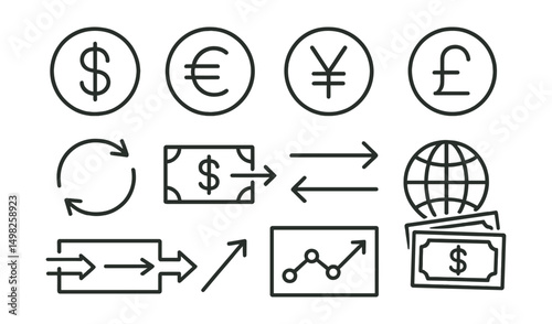 Line style icons of currency and exchange: dollar, euro, yen, pound, currency exchange arrows, money transfer icon, exchange rate graph, international payment.