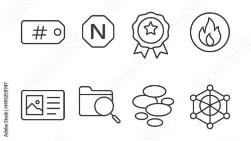 Line style icons of NFT media: topic tag icon, article category token, story series badge, author genre badge, headline highlight panel, archive search filter, visual tag cloud, topic clustering