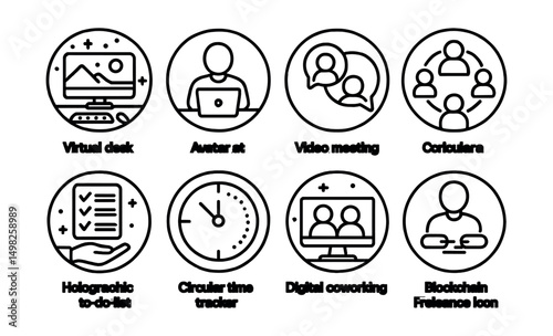Line style icons of remote Web3 work (circular): virtual desk in metaverse, avatar at workstation, video meeting bubble, DAO team collaboration, holographic to-do list, circular time tracker, digital