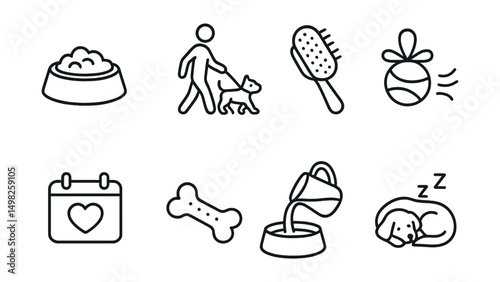 Line style icons of pet care routine: feeding bowl, daily walk, grooming brush, toy time, vet reminder, treat icon, water refill, bedtime for pet.