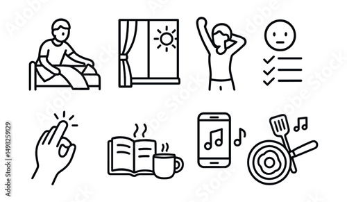 Line style icons of morning rituals: making bed, sunlight window, morning stretch, mood check-in, intention setting, quiet time icon, energizing music, breakfast prep.
