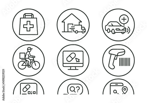Line style icons of pharmacy (circular): pharmacy bag icon, home delivery badge, contactless pickup ring, medicine courier icon, online order panel, barcode scanner ring, e-prescription QR icon,