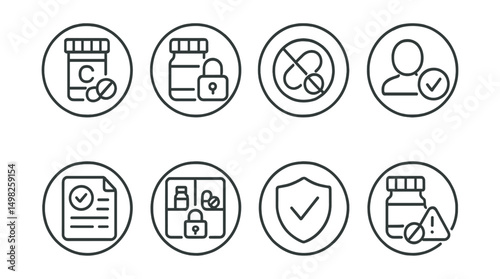 Line style icons of pharmacy (circular): controlled substance icon, narcotics lock badge, restricted drug symbol, ID check ring, controlled inventory report, secure cabinet icon, compliance checklist