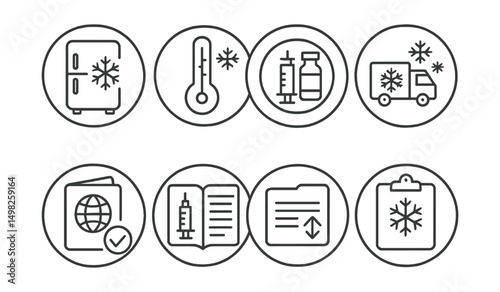 Line style icons of pharmacy (circular): vaccine fridge symbol, temperature-controlled icon, injection dose badge, vial and syringe ring, cold chain transport, vaccine passport stamp, immunization