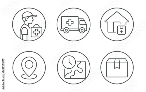 Line style icons of medicine delivery (circular): courier with pharmacy bag, medication delivery truck, home drop-off badge, contactless handoff icon, circular GPS tracking dot, estimated time bubble