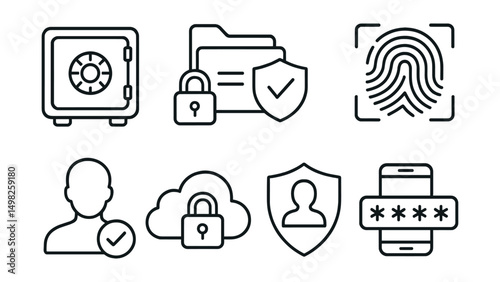 Line style icons of data protection: data vault, private file icon, GDPR document, biometric security, access permission, secure cloud, privacy badge, two-factor authentication.