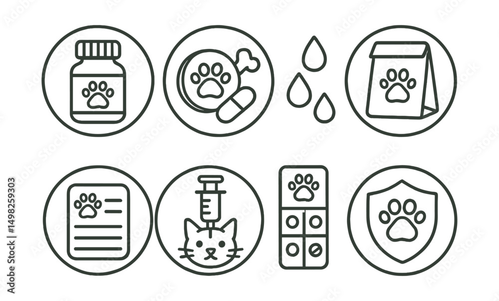 Fototapeta premium Line style icons of veterinary care (circular): pet medicine bottle, chewable pill with paw, liquid drops ring, prescription bag for pets, pet dosage guide, cat medicine syringe, pet pill tracker,