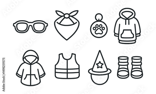 Line style icons of pet accessories: pet sunglasses, bandana, collar charm, hoodie, raincoat, reflective vest, costume hat, dog shoes.