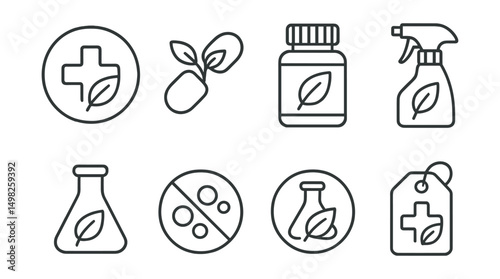 Line style icons of veterinary pharmacy: natural remedy badge, plant-based capsule, organic supplement bottle, herbal treatment spray, eco-formula icon, no artificial additives label, toxin-free