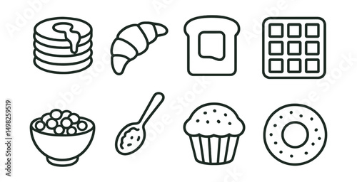 Line style icons of food: pancake stack, croissant, toast with butter, waffle, cereal bowl, oatmeal spoon, muffin, bagel.
