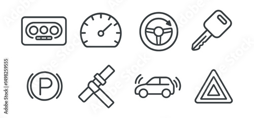 Line style icons of vehicle control: dashboard icon, speedometer, cruise control badge, ignition key, parking brake, seatbelt, car alarm, hazard lights.