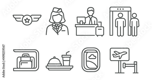 Line style icons of aviation services: pilot badge, cabin crew icon, check-in counter, security checkpoint, overhead luggage, airline meal tray, window seat view, boarding gate.