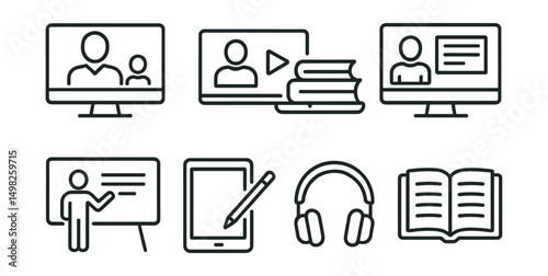 Line style icons of digital learning: online class icon, video lecture screen, laptop with books, e-learning platform, virtual whiteboard, tablet with pen, headphones, digital textbook.