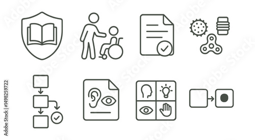 Line style icons of special education: inclusive learning badge, support assistant icon, IEP document, sensory tools, visual schedule, alternative format icon, learning style grid, gentle transition