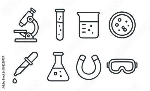 Line style icons of science tools: microscope, test tube, beaker, petri dish, pipette, lab flask, magnet, safety goggles.