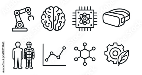Line style icons of technology in science: robotic arm, AI brain icon, quantum chip, VR headset, digital twin model, machine learning chart, nanotech symbol, bioengineering gear.