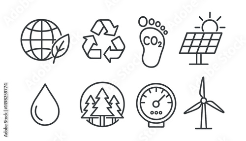 Line style icons of environmental science: globe with leaf, recycling symbol, carbon footprint, solar panel, clean water drop, forest conservation icon, air quality meter, wind turbine.