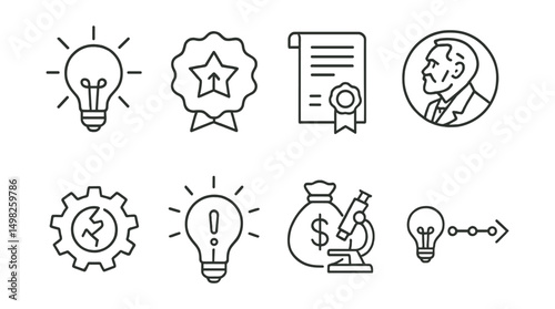 Line style icons of innovations and discoveries: lightbulb idea, breakthrough badge, patent document, Nobel prize icon, invention gear, eureka symbol, research grant icon, innovation timeline.
