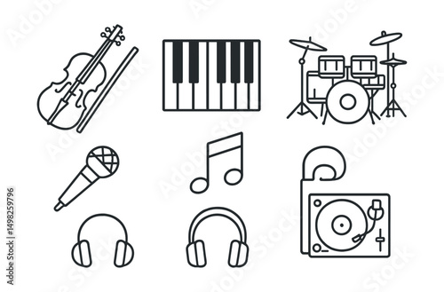 Line style icons of music and instruments: violin, piano keyboard, guitar, drum set, microphone, music note, headphones, DJ turntable.