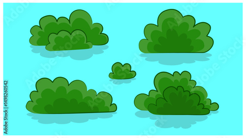 set of green grass, set of bushes
