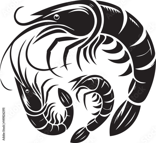Three stylized shrimps forming a circular design seafood ocean crustacean